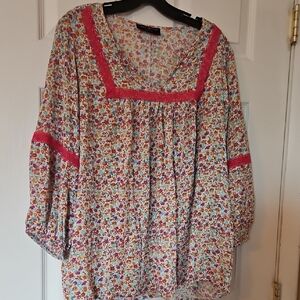 Lane Bryant Multicolor Floral Blouse with Pink Trim With 3 Quarter Length Sleeve